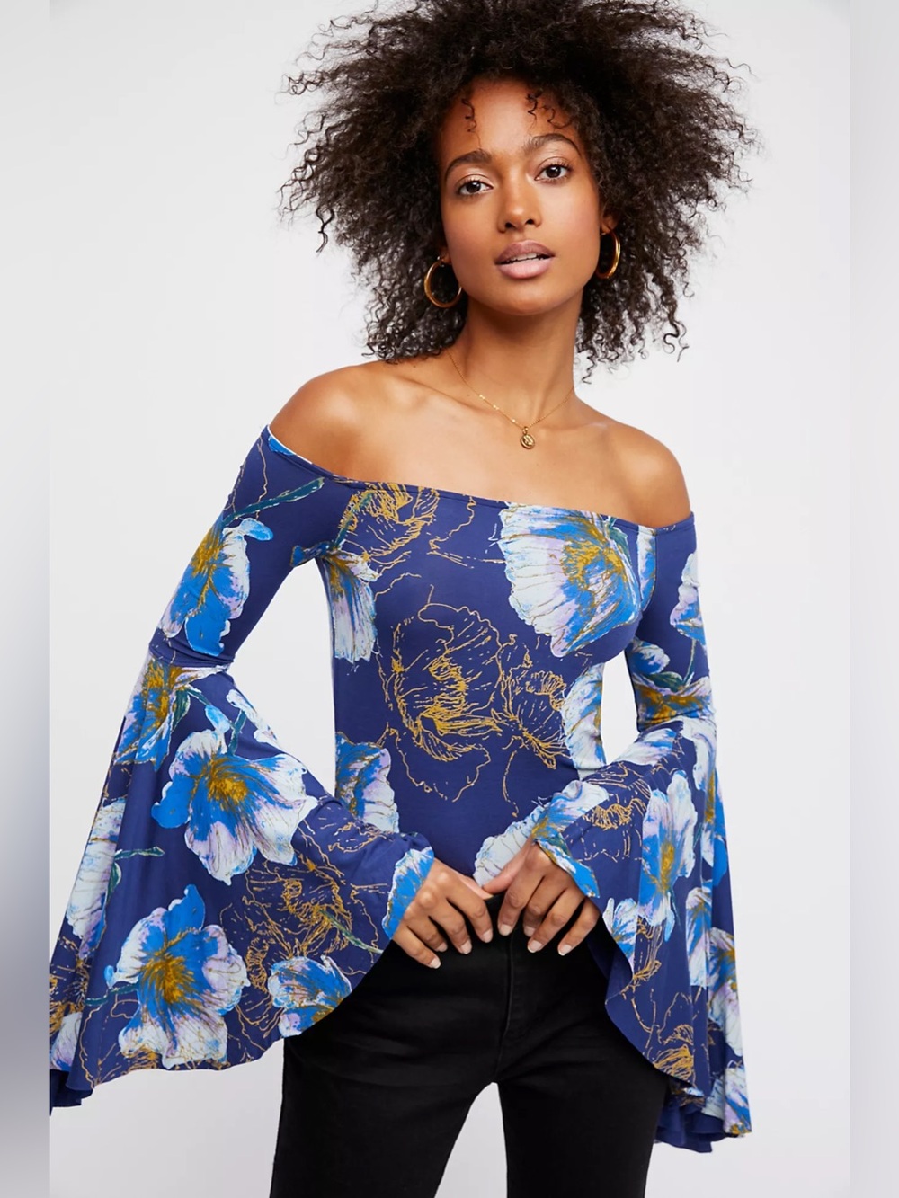 We The Free Free People Floral Bell Sleeve Top Blue Boho Stretch XS